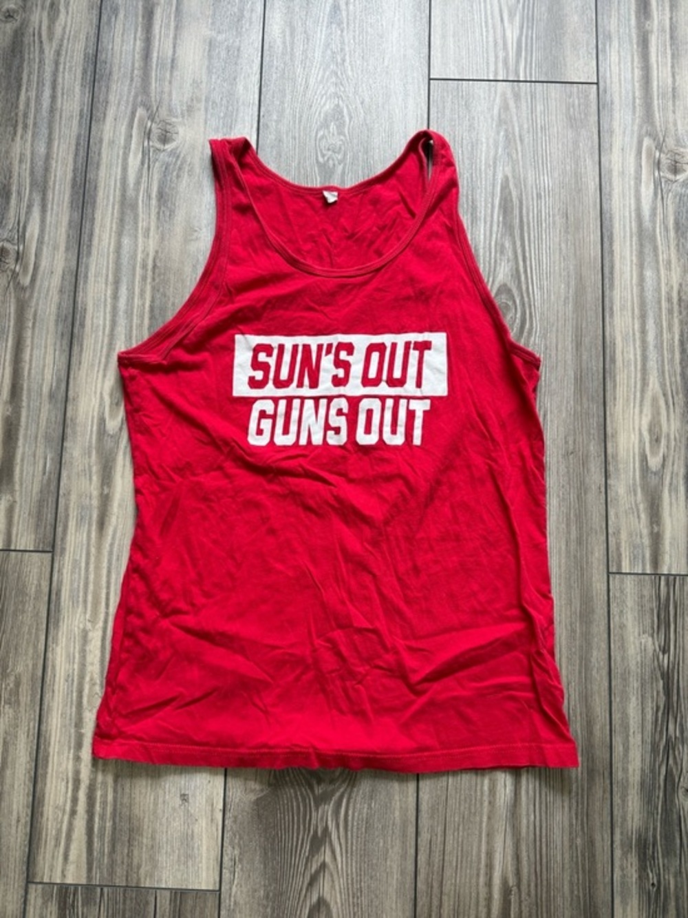Unisex red tank top Sun's Out Guns Out" red tank top Size Small